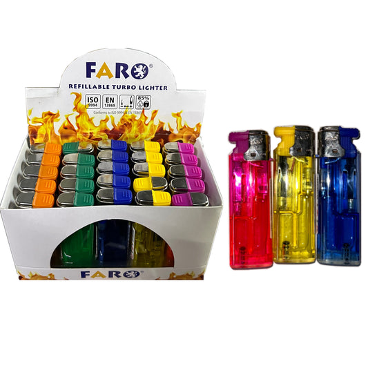 Faro Turbo Lighter: Refillable Colord. Transp. - 25 Stk