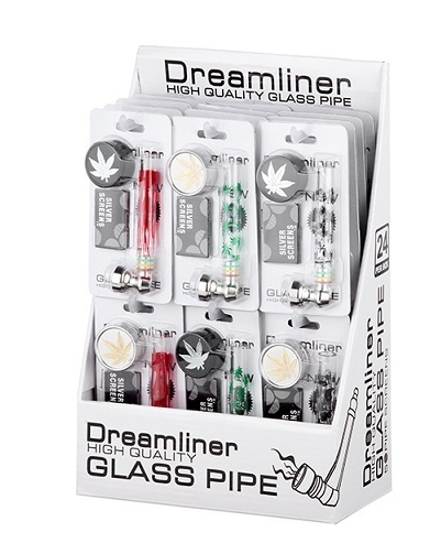 Dreamliner Glass Pipe + 5-Screen + Grinder - 24 Stk