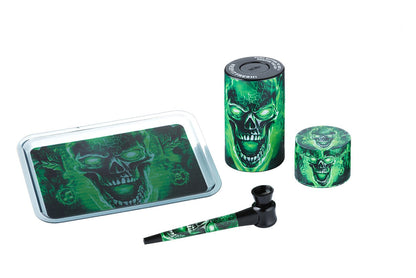 Super Gift Set Grinder/Pipe/Storage/Tray Skull Green Box