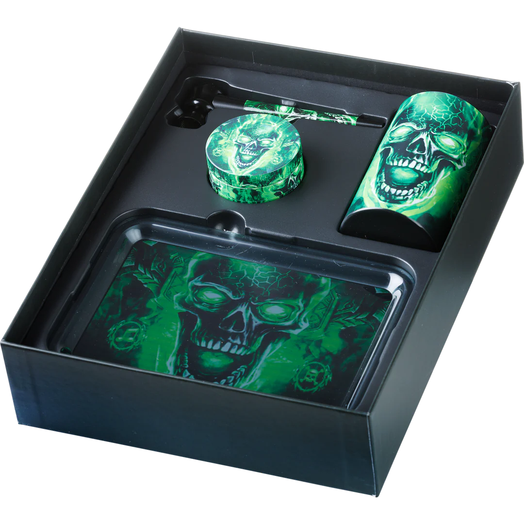 Super Gift Set Grinder/Pipe/Storage/Tray Skull Green Box