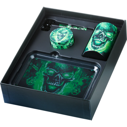 Super Gift Set Grinder/Pipe/Storage/Tray Skull Green Box